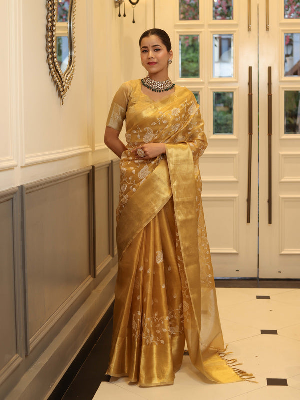 Banarasee Handwoven Tissue Saree With Zari & Thread Work-Gold