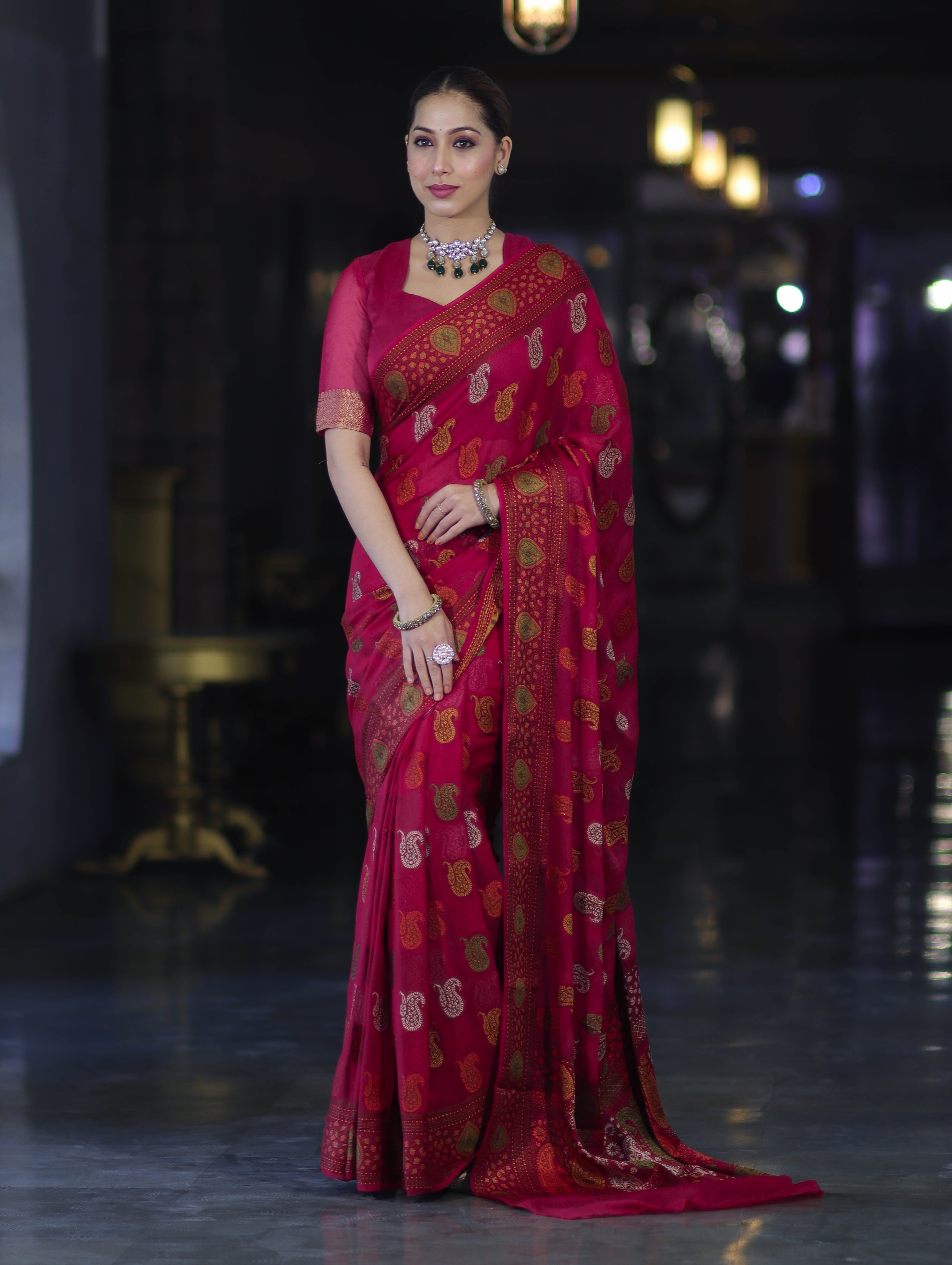 Banarasee Pure Chiffon Saree With Resham Buta Work & Border-Deep Pink