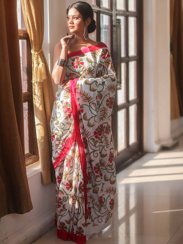 Handloom Mul Cotton Hand-Block Print Saree-White