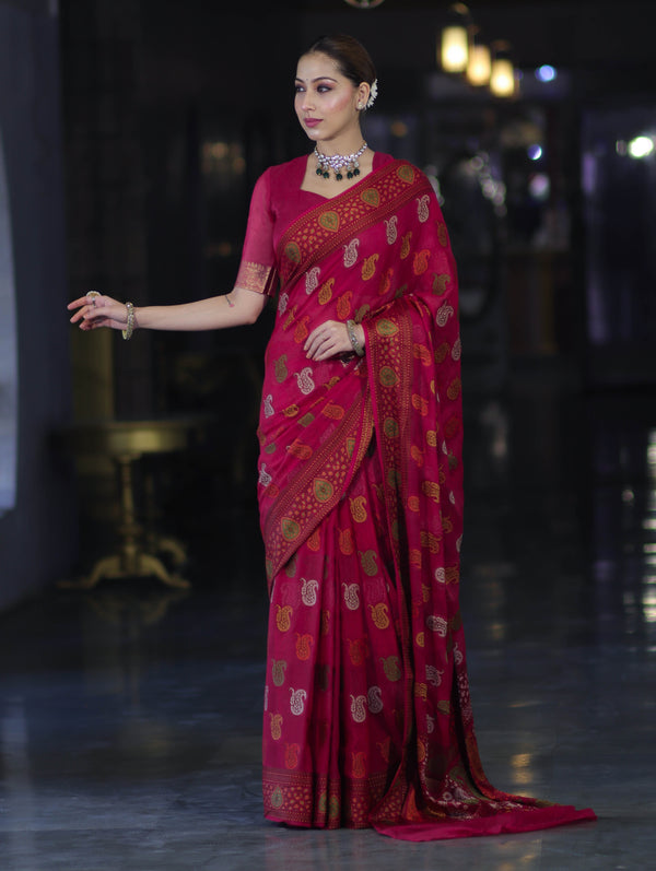 Banarasee Pure Chiffon Saree With Resham Buta Work & Border-Deep Pink