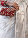 Banarasee Handwoven Semi Silk Saree With Silver Zari Buta Design-White