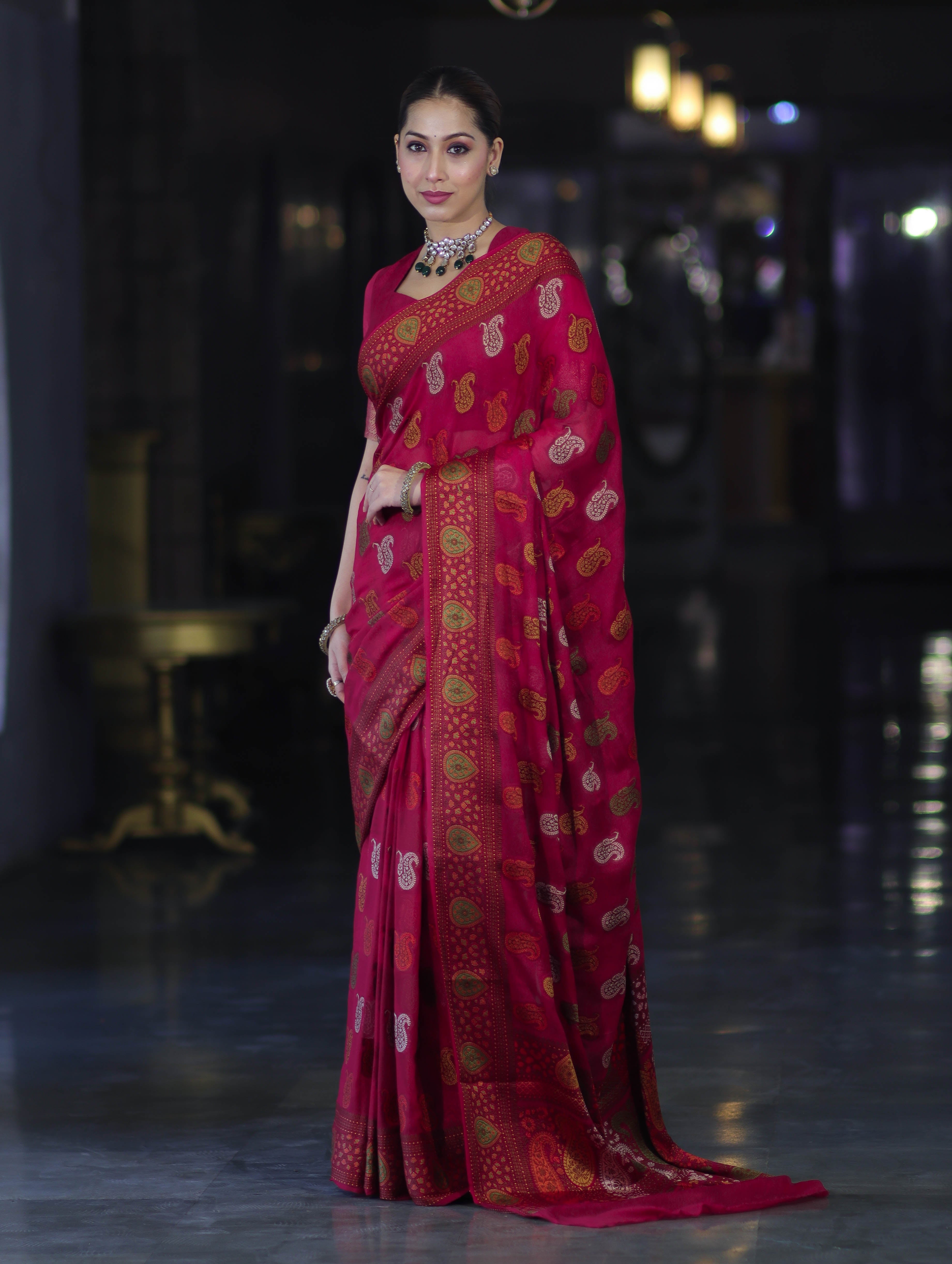 Banarasee Pure Chiffon Saree With Resham Buta Work & Border-Deep Pink