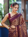 Banarasee Handwoven Semi Silk Saree With Zari Buti Design & Stripe Pattern-Burgundy