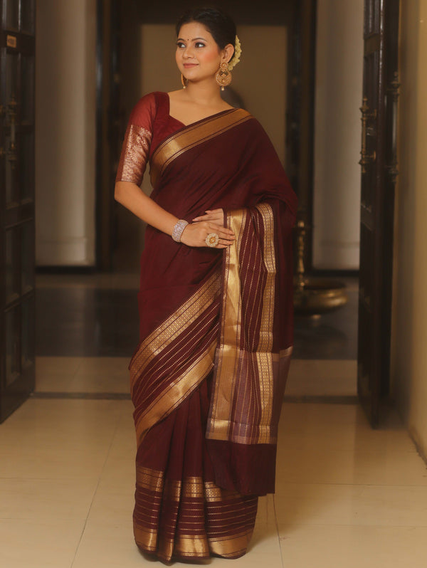 Banarasee Handwoven Semi Silk Plain Saree With Zari Border-Brown