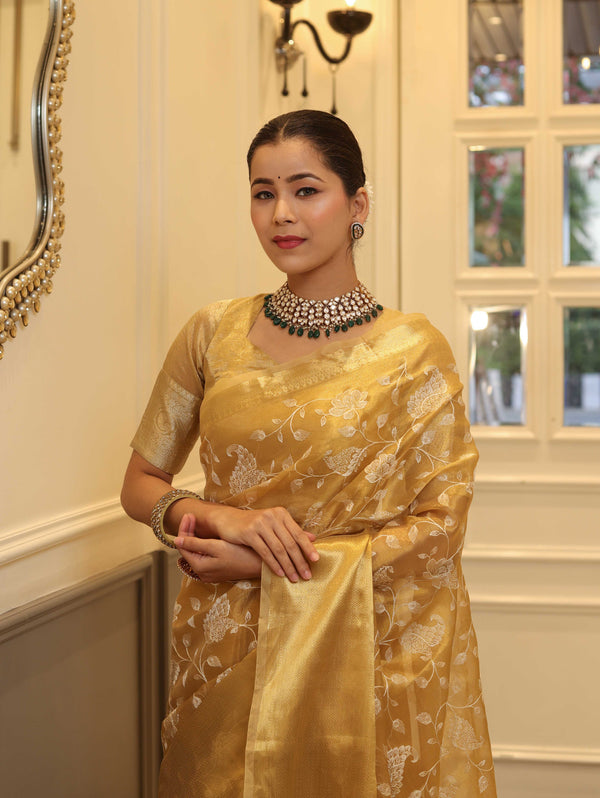 Banarasee Handwoven Tissue Saree With Zari & Thread Work-Gold