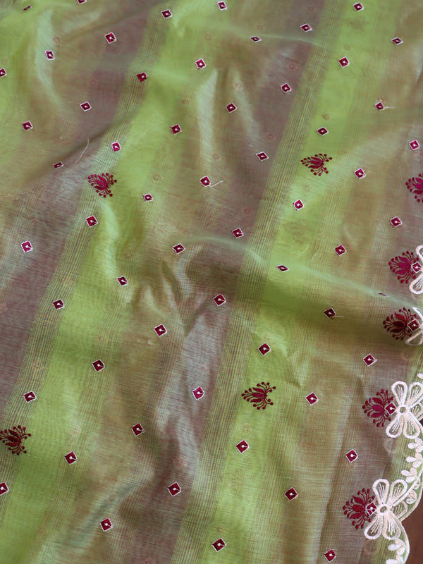 Banarasee Chanderi Cotton Embroidered Salwar Kameez With Dupatta Set-Green