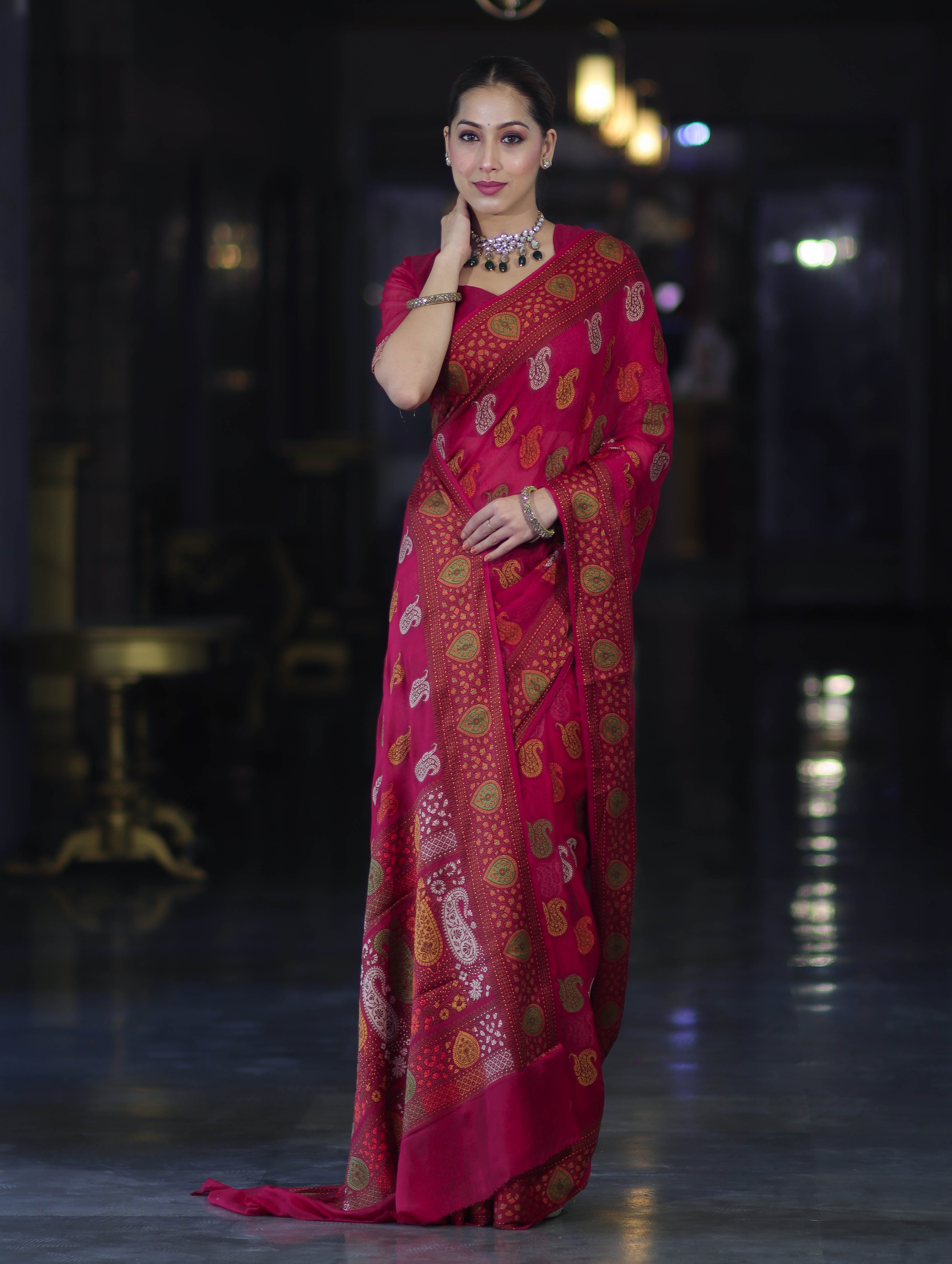 Banarasee Pure Chiffon Saree With Resham Buta Work & Border-Deep Pink