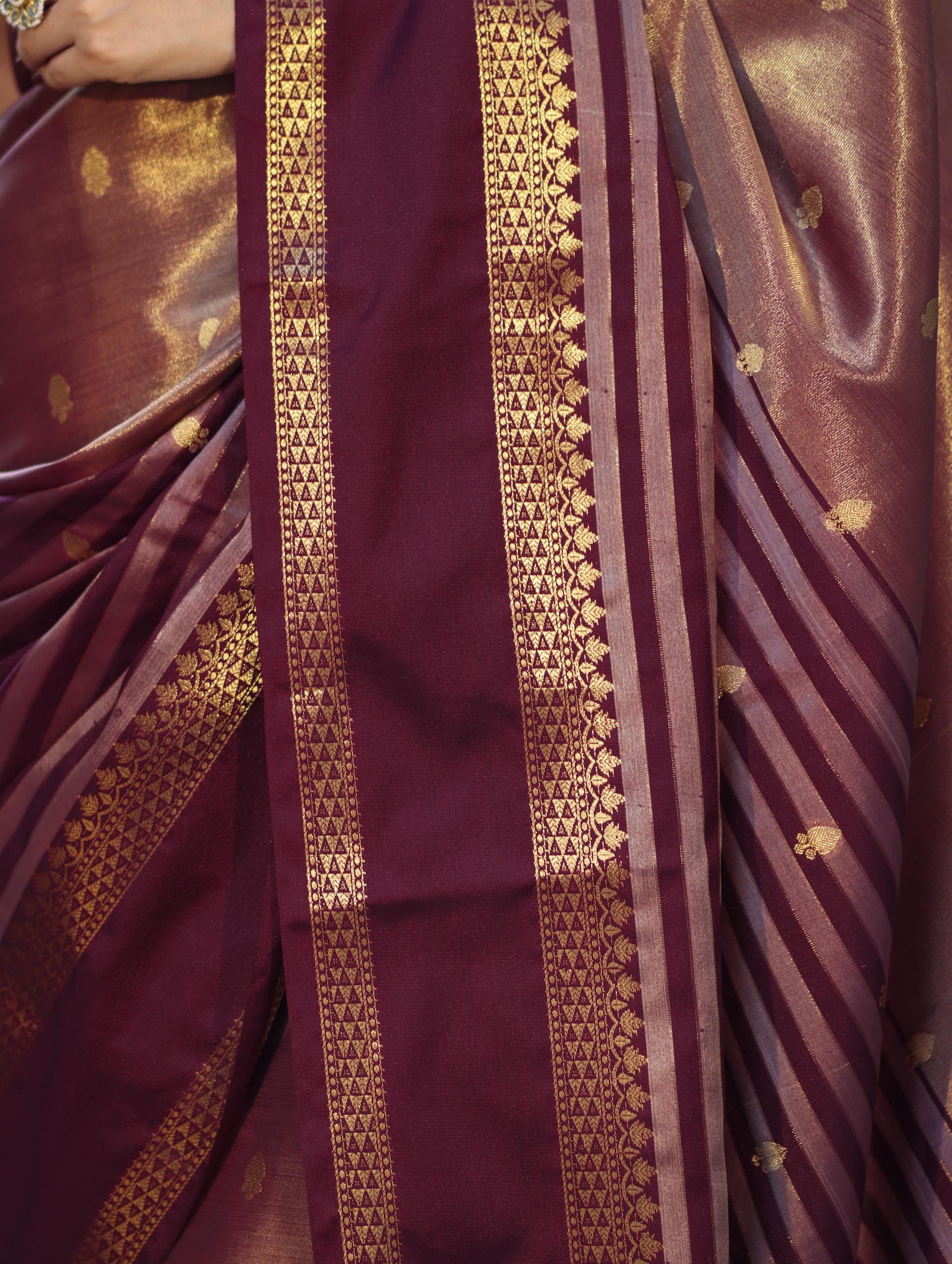 Banarasee Handwoven Semi Silk Saree With Zari Buti Design & Stripe Pattern-Burgundy