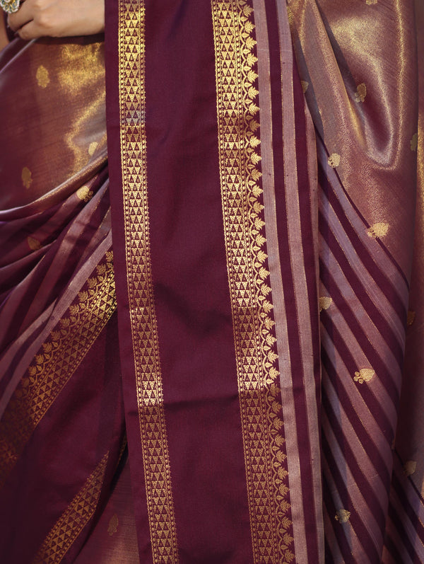 Banarasee Handwoven Semi Silk Saree With Zari Buti Design & Stripe Pattern-Burgundy