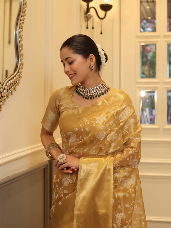 Banarasee Handwoven Tissue Saree With Zari & Thread Work-Gold