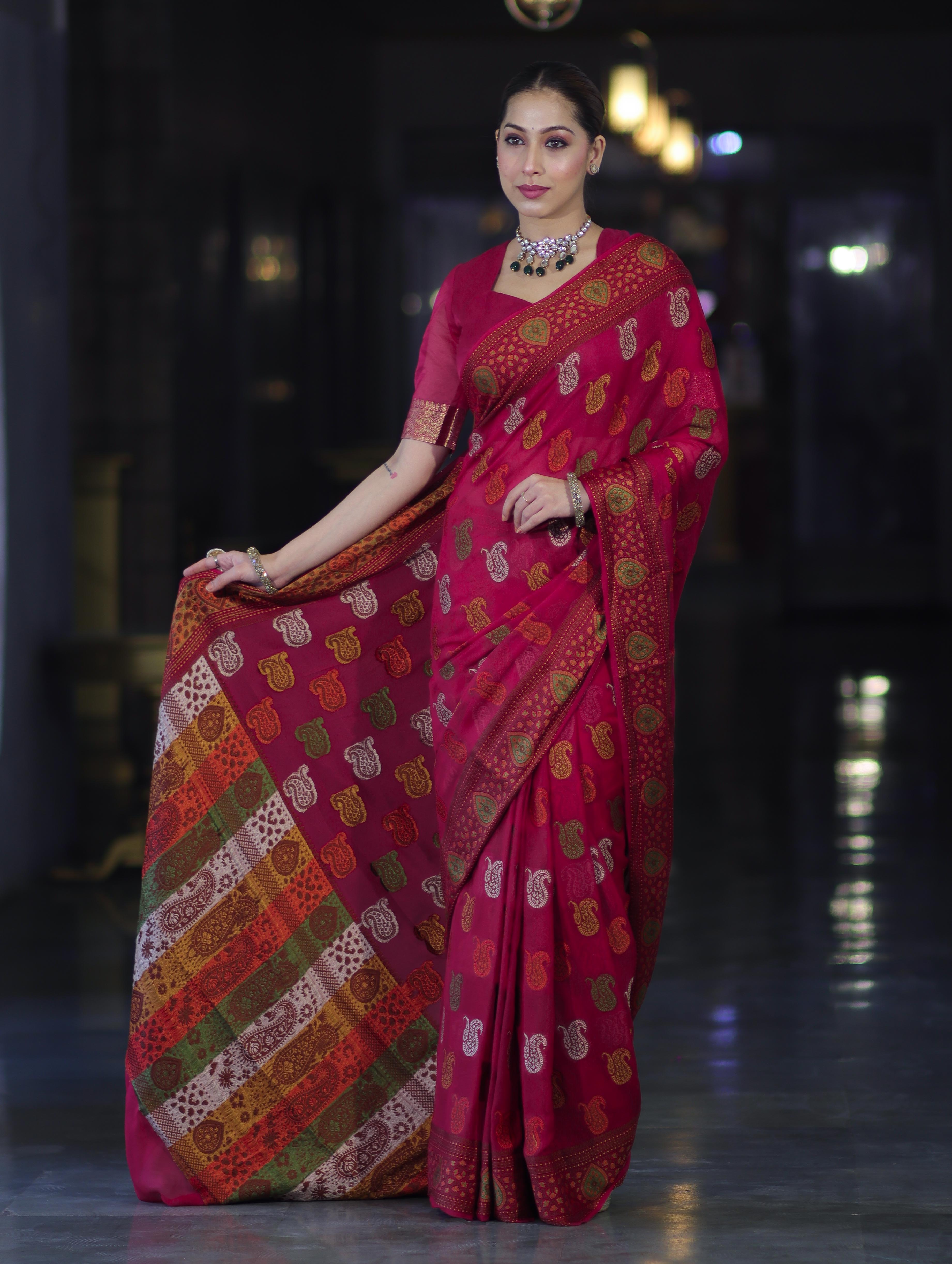 Banarasee Pure Chiffon Saree With Resham Buta Work & Border-Deep Pink