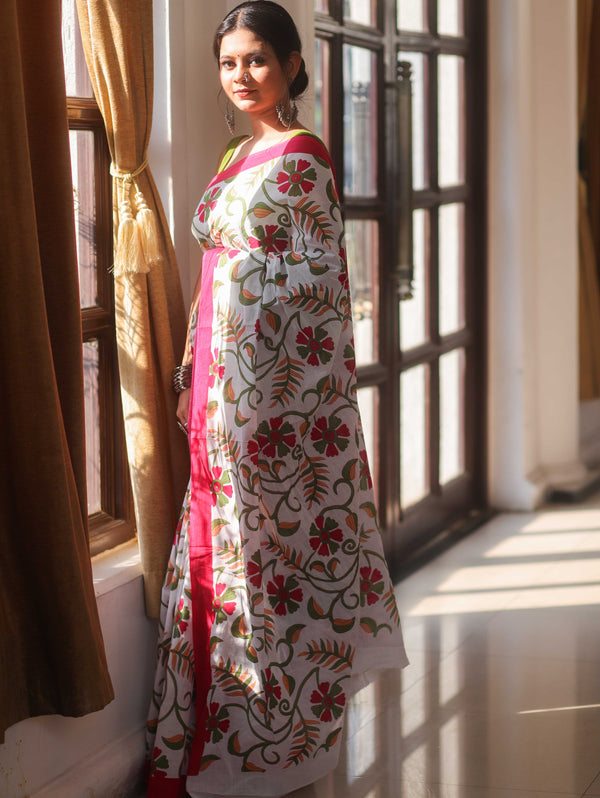 Handloom Mul Cotton Hand-Block Print Saree-White