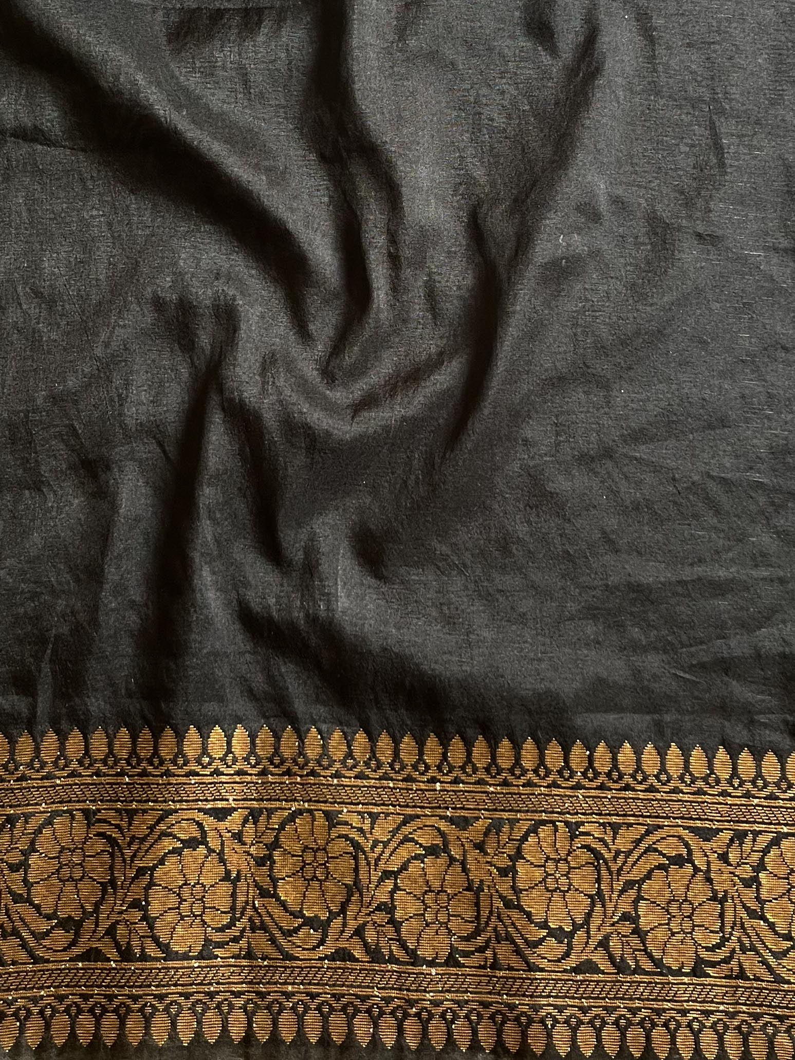 Banarasee Semi-Chiffon Saree With Antique Gold Zari Work-Black