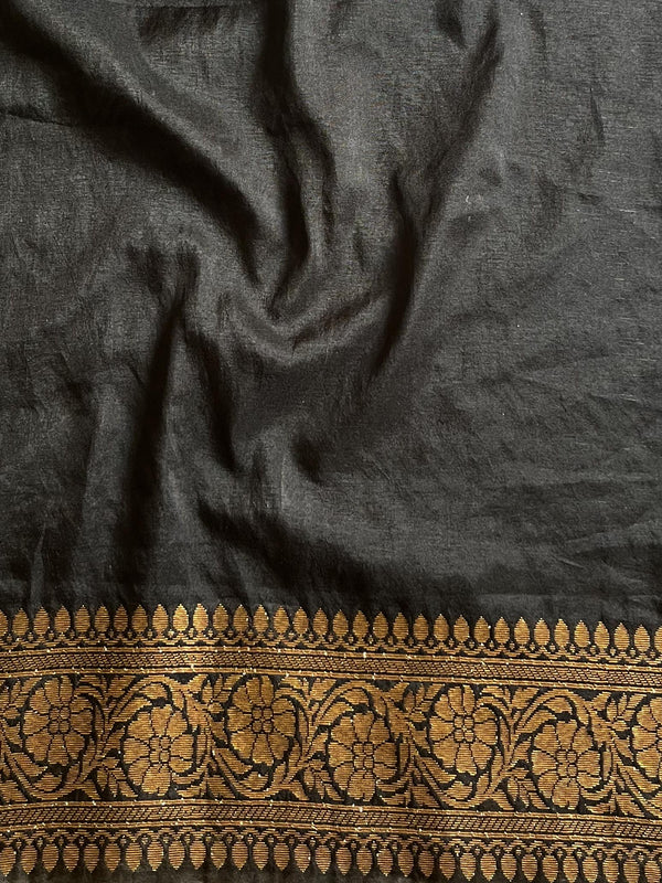 Banarasee Semi-Chiffon Saree With Antique Gold Zari Work-Black
