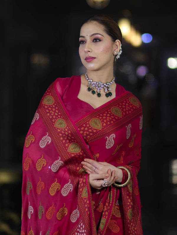 Banarasee Pure Chiffon Saree With Resham Buta Work & Border-Deep Pink
