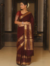 Banarasee Handwoven Semi Silk Plain Saree With Zari Border-Brown