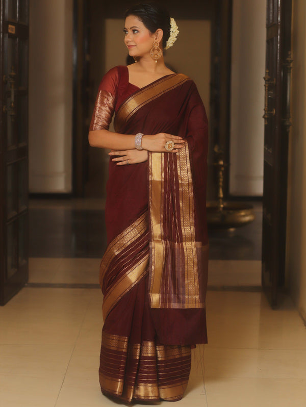 Banarasee Handwoven Semi Silk Plain Saree With Zari Border-Brown