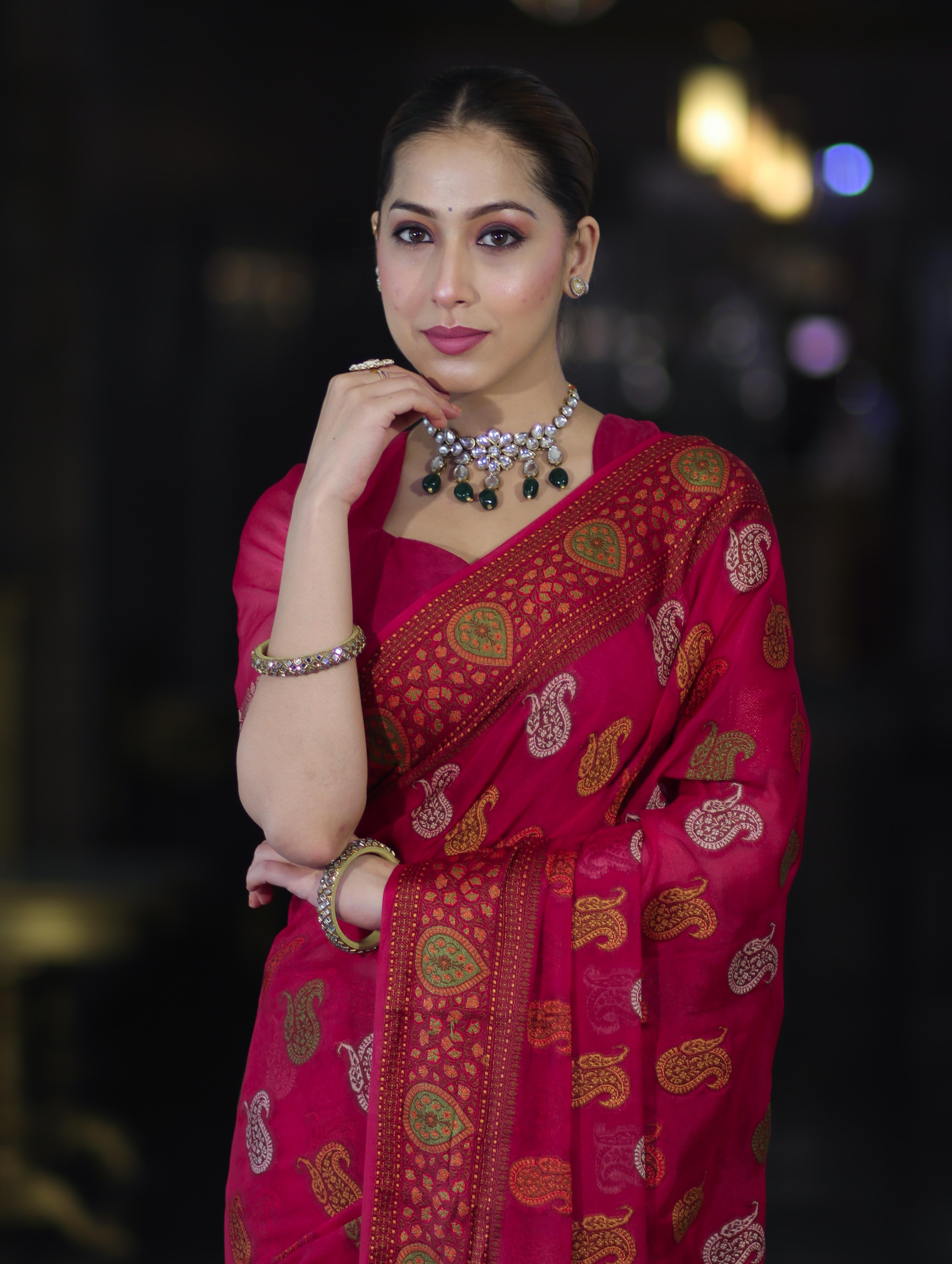 Banarasee Pure Chiffon Saree With Resham Buta Work & Border-Deep Pink