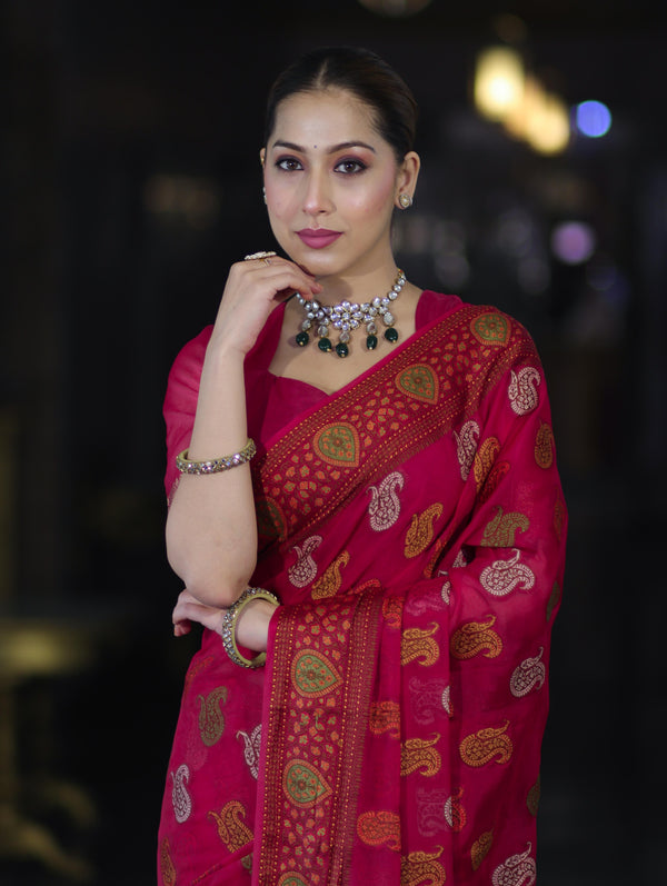 Banarasee Pure Chiffon Saree With Resham Buta Work & Border-Deep Pink