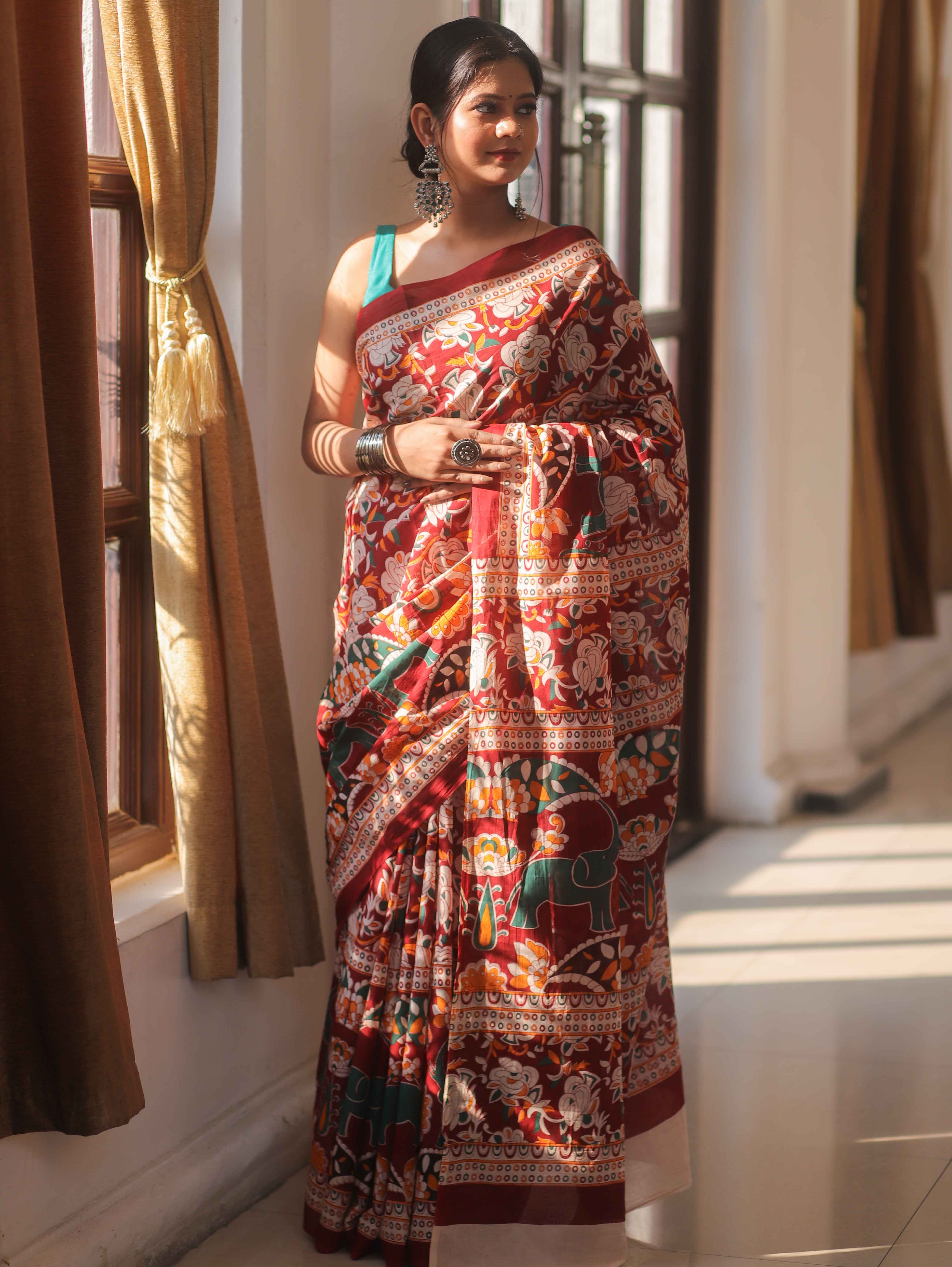 Handloom Mul Cotton Hand-Block Print Saree-Brown