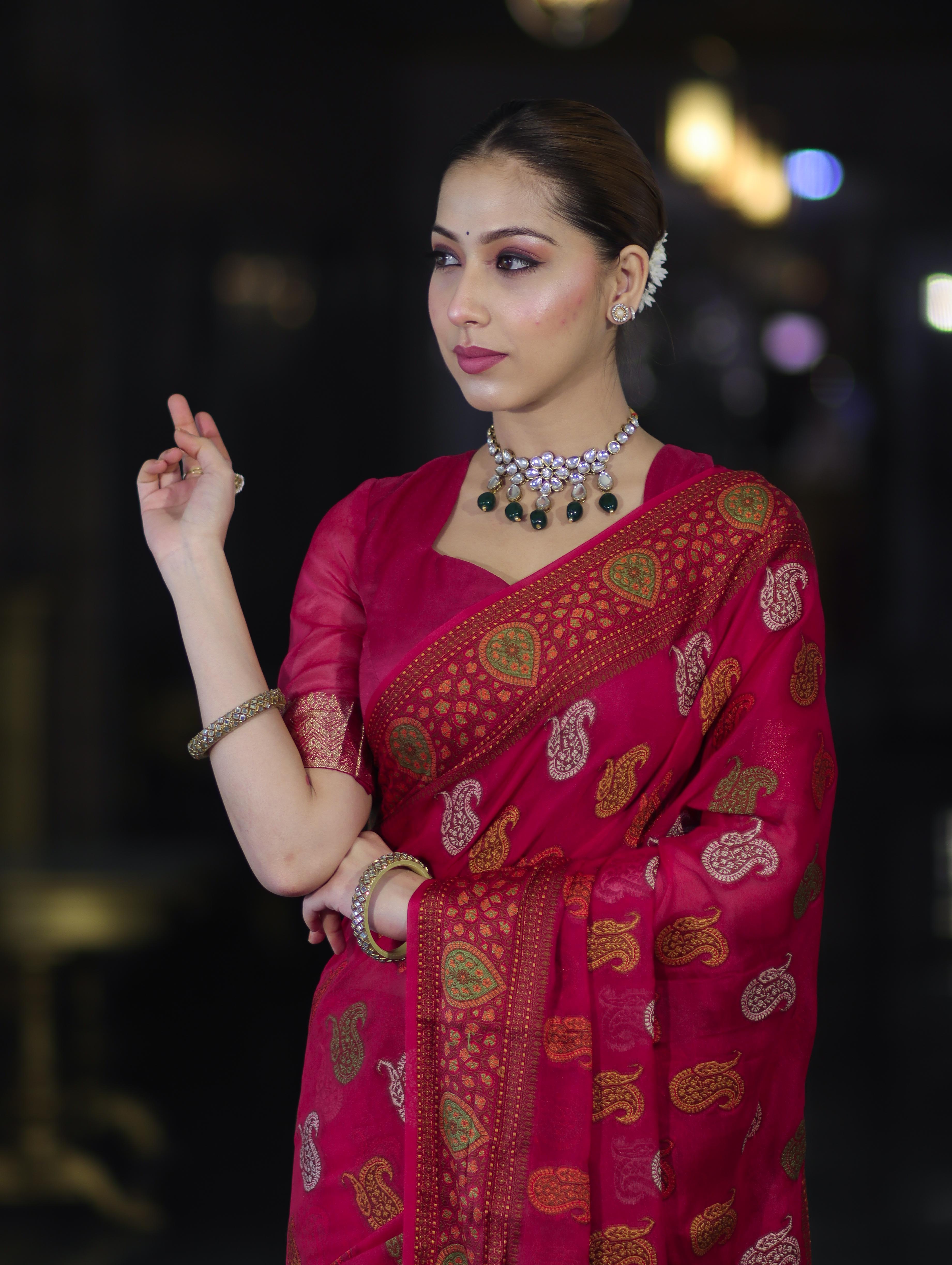 Banarasee Pure Chiffon Saree With Resham Buta Work & Border-Deep Pink