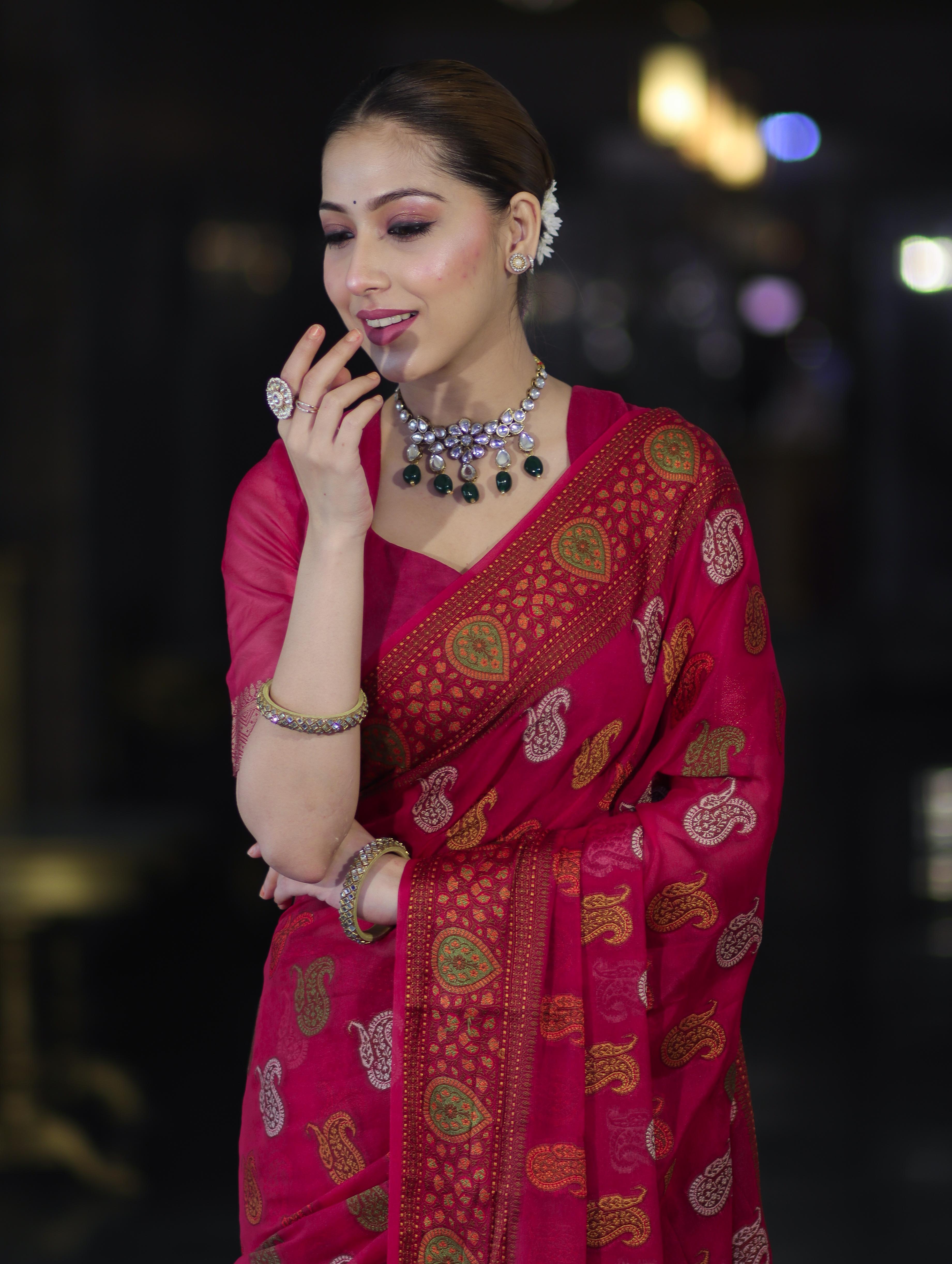 Banarasee Pure Chiffon Saree With Resham Buta Work & Border-Deep Pink