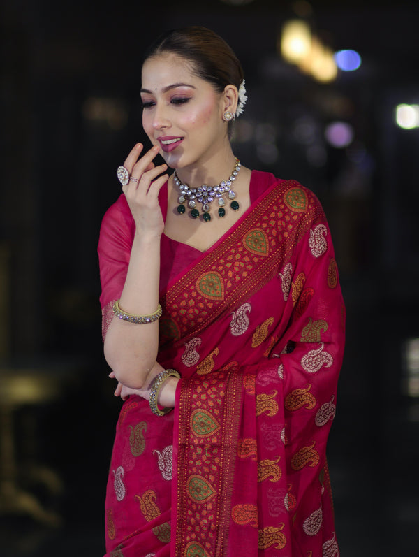 Banarasee Pure Chiffon Saree With Resham Buta Work & Border-Deep Pink