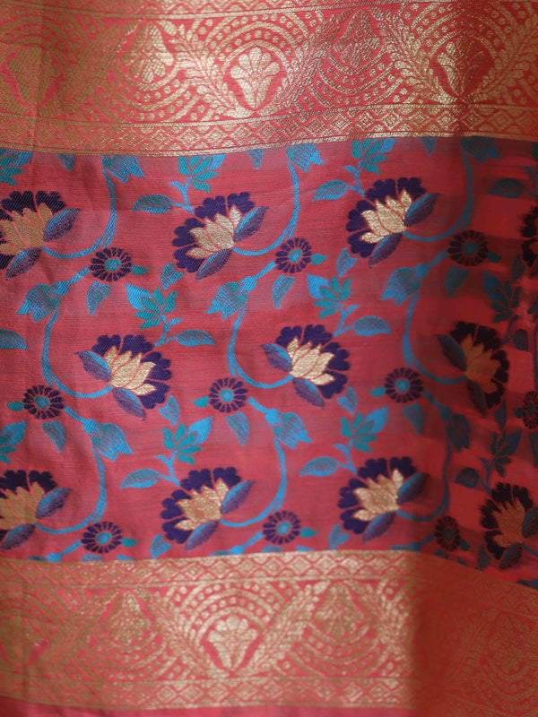 Banarasee Handloom Chanderi Salwar Kameez Fabric With Meena & Zari Design-Pink