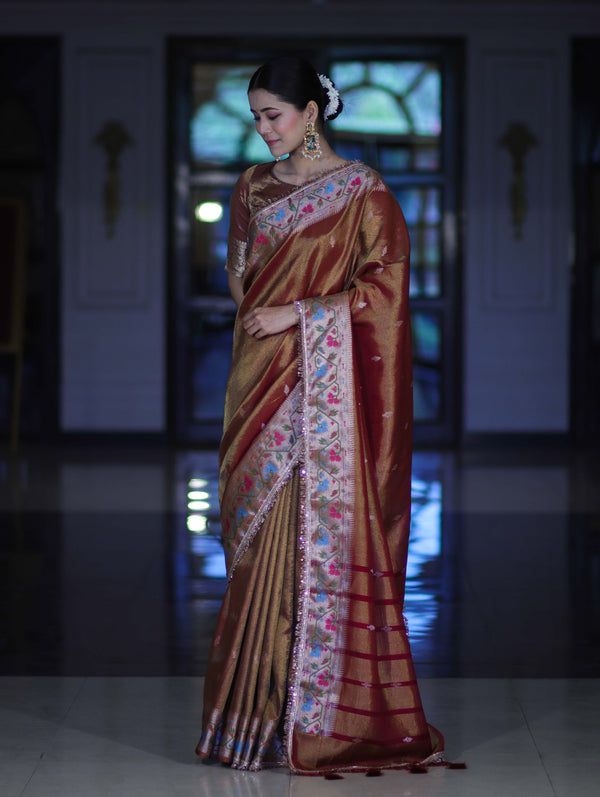 Banarasee Handloom Dual Tone Shimmer Silk Saree With Buti Design & Lace Border-Earthy Brown