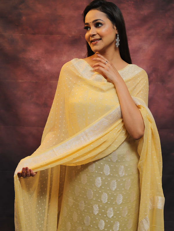 Banarasee Handloom Pure Chiffon Silk Kameez Fabric With Silver Zari Buta Dupatta-Yellow