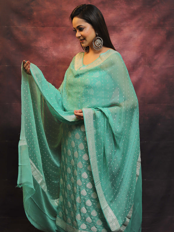 Banarasee Handloom Pure Chiffon Silk Kameez Fabric With Silver Zari Buta Dupatta-Sea Green