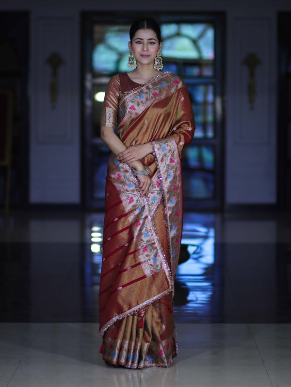 Banarasee Handloom Dual Tone Shimmer Silk Saree With Buti Design & Lace Border-Earthy Brown