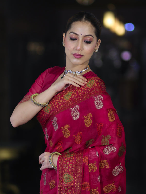 Banarasee Pure Chiffon Saree With Resham Buta Work & Border-Deep Pink