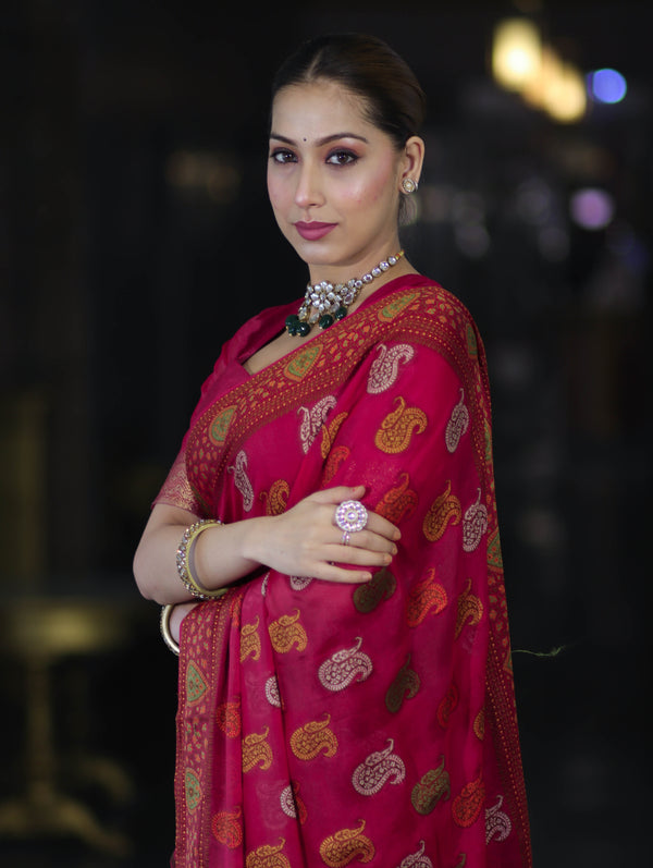 Banarasee Pure Chiffon Saree With Resham Buta Work & Border-Deep Pink