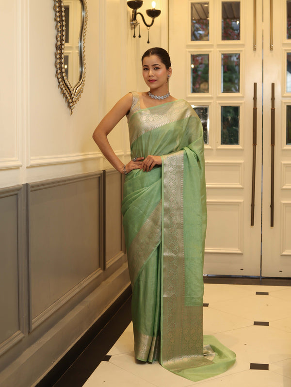Banarasee Handwoven Plain Tissue Saree With Zari Border-Pistachio Green
