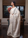 Banarasee Handwoven Semi Silk Saree With Silver Zari Buta Design-White