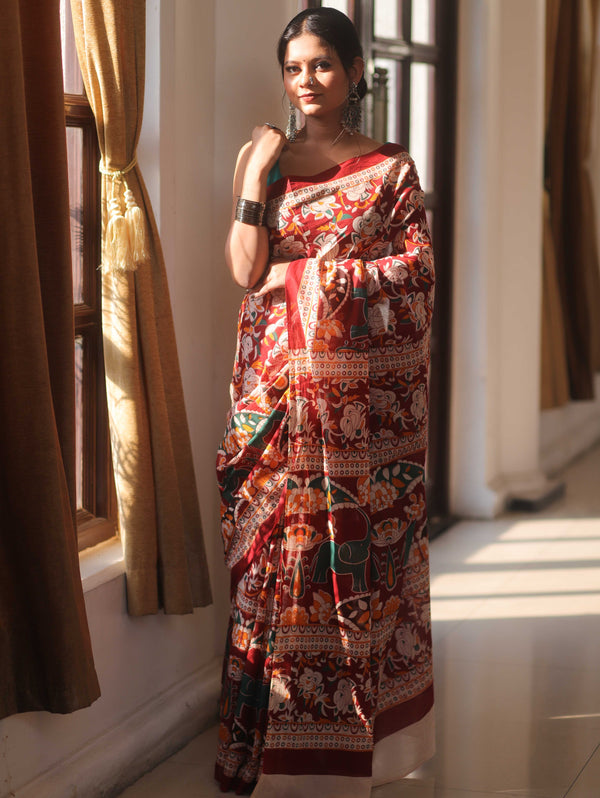Handloom Mul Cotton Hand-Block Print Saree-Brown