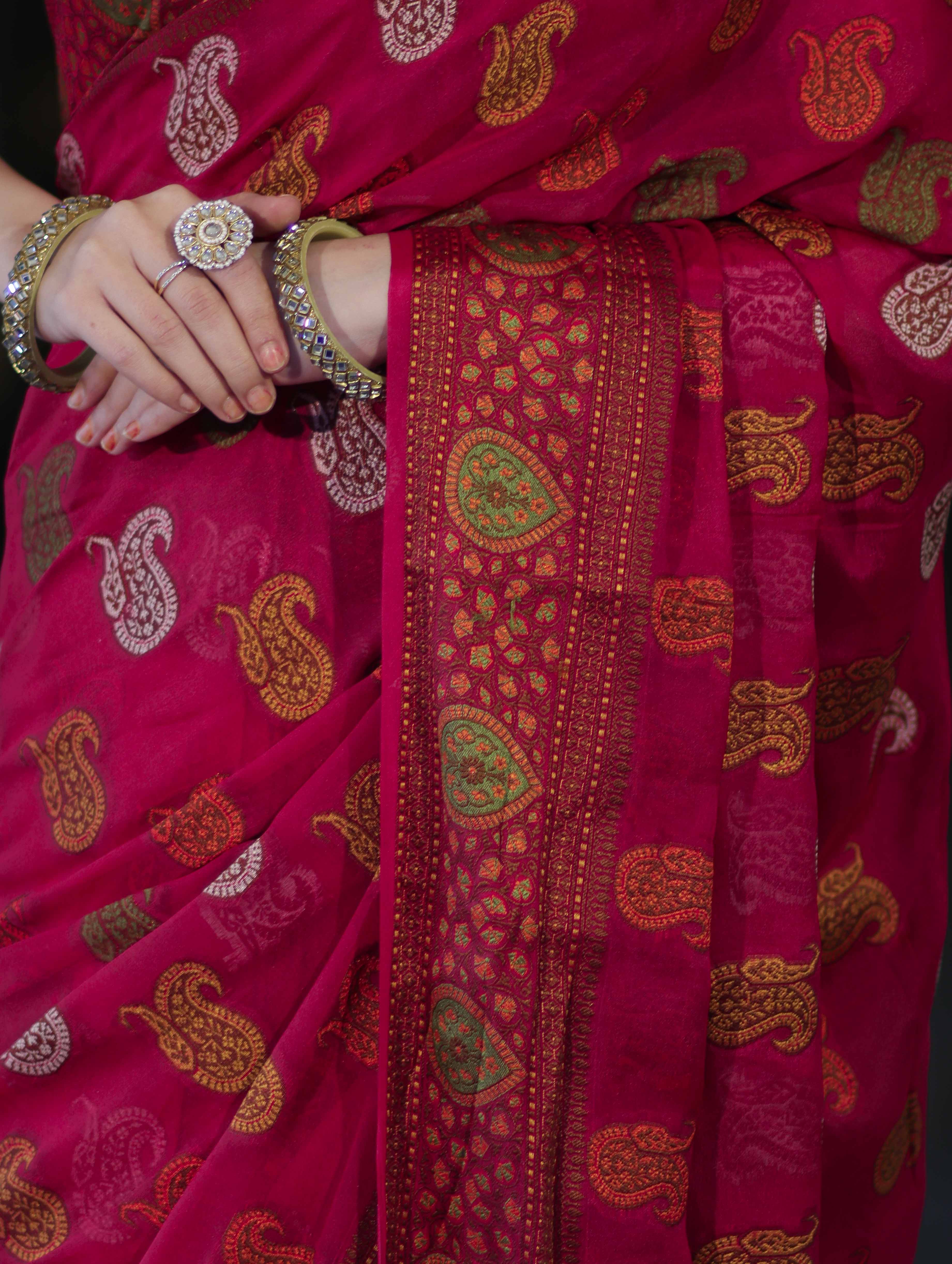 Banarasee Pure Chiffon Saree With Resham Buta Work & Border-Deep Pink