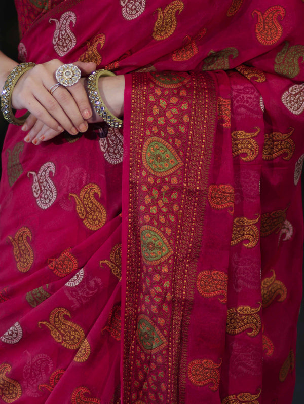 Banarasee Pure Chiffon Saree With Resham Buta Work & Border-Deep Pink