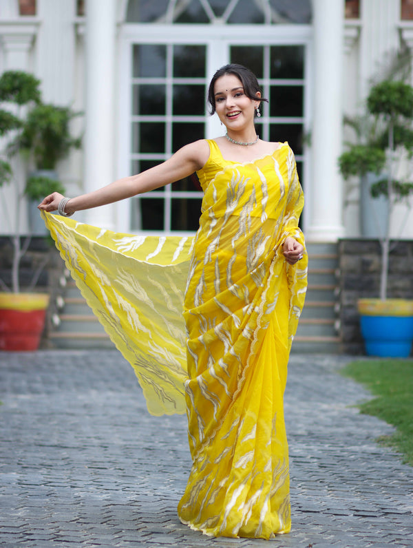 Banarasee Handloom Organza Saree With Resham Zari Work & Scallop Border-Yellow