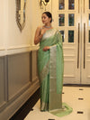 Banarasee Handwoven Plain Tissue Saree With Zari Border-Pistachio Green