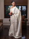 Banarasee Handwoven Semi Silk Saree With Silver Zari Buta Design-White