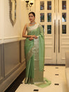 Banarasee Handwoven Plain Tissue Saree With Zari Border-Pistachio Green
