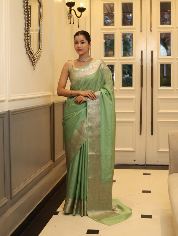 Banarasee Handwoven Plain Tissue Saree With Zari Border-Pistachio Green