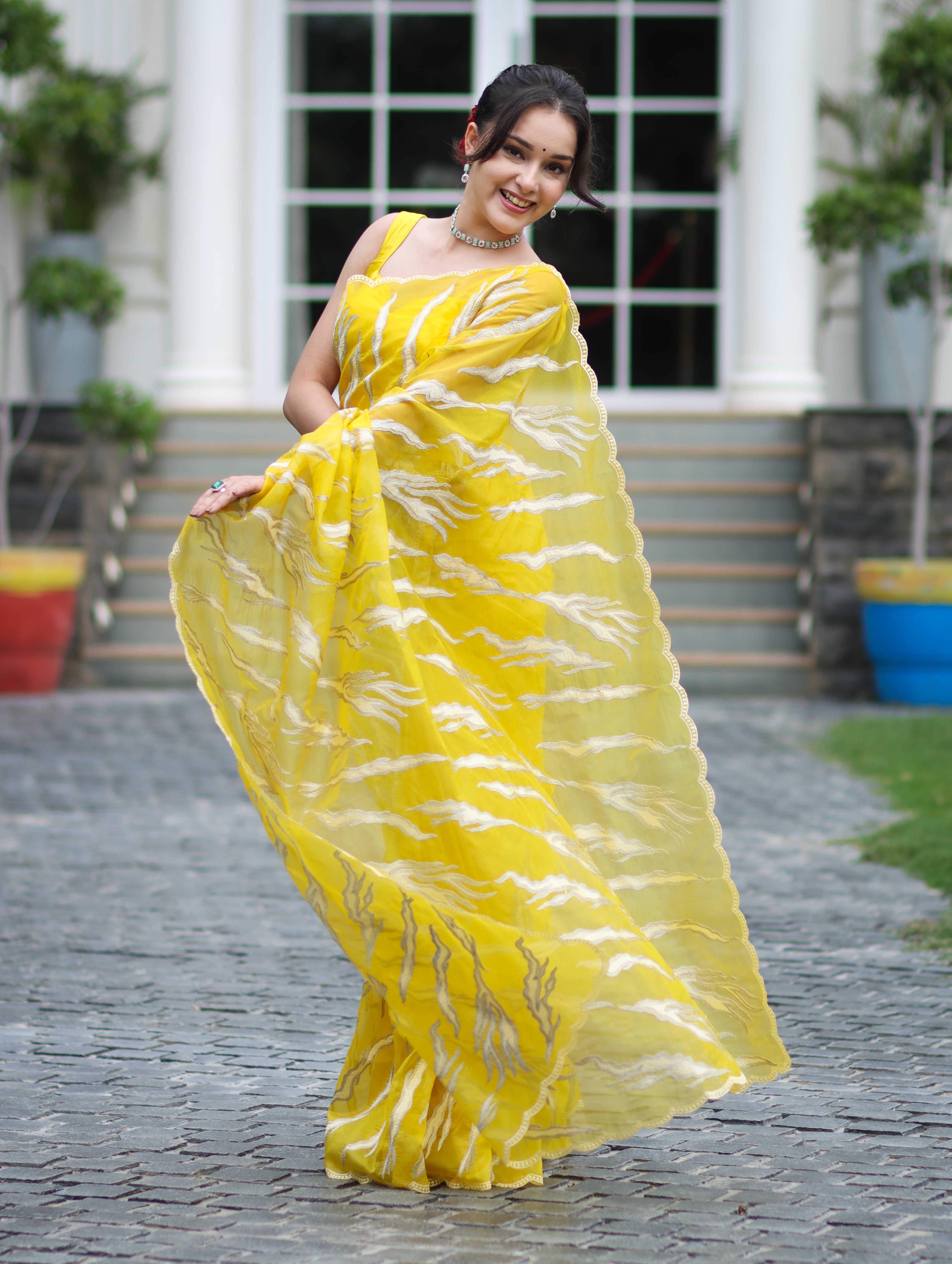 Banarasee Handloom Organza Saree With Resham Zari Work & Scallop Border-Yellow