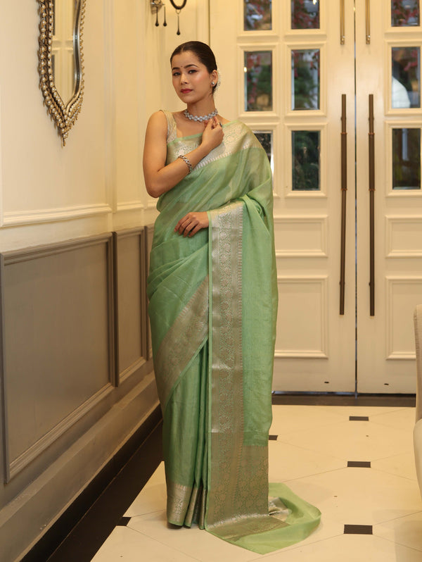 Banarasee Handwoven Plain Tissue Saree With Zari Border-Pistachio Green