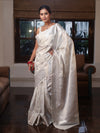 Banarasee Handwoven Semi Silk Saree With Silver Zari Buta Design-White