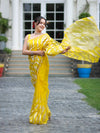 Banarasee Handloom Organza Saree With Resham Zari Work & Scallop Border-Yellow