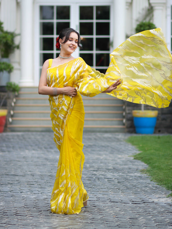 Banarasee Handloom Organza Saree With Resham Zari Work & Scallop Border-Yellow