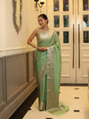 Banarasee Handwoven Plain Tissue Saree With Zari Border-Pistachio Green